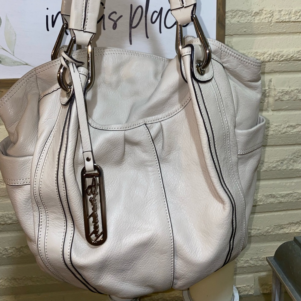 B Markowsky Dual Handle Large Ivory Leather Satchel (Leopard inside)